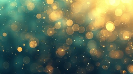 Ethereal gold bokeh on defocused emerald green background for abstract blur banner design