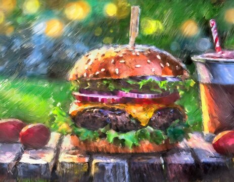 Painting  or illustration of a hamburger outside in the backyard on a summer evening with a drink