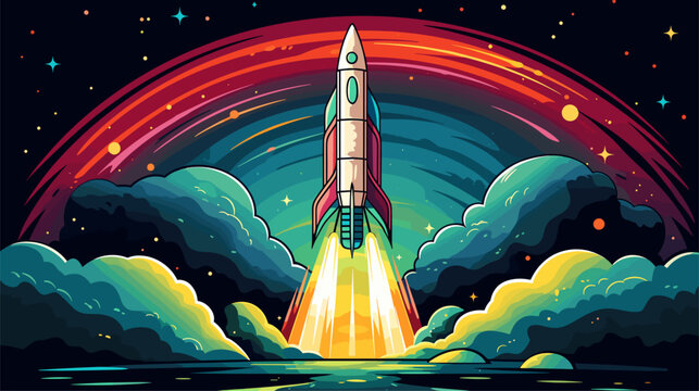 Abstract retro rocketship exploring a colorful nebula. simple Vector art