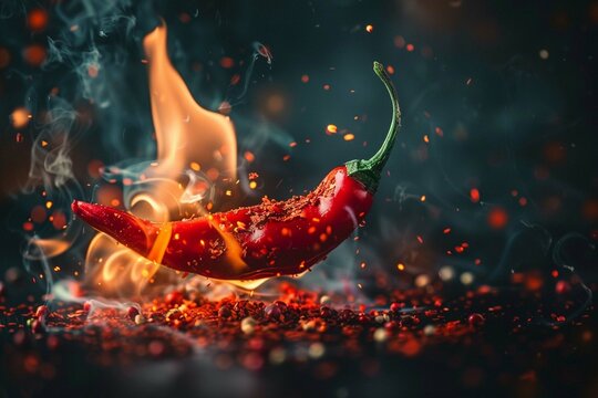 Red  hot  chilli  pepper  in  fire  on  dark  blac