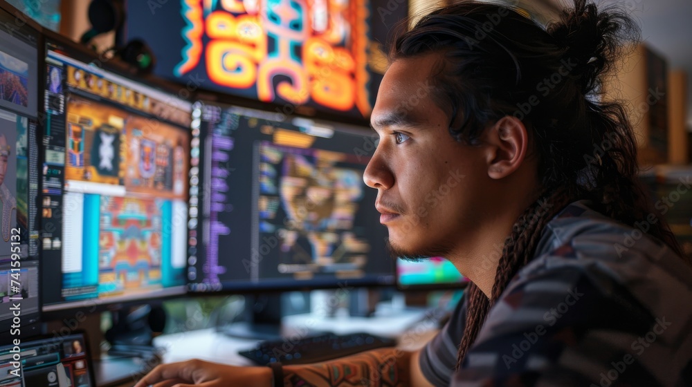 Poster A man's expressionless face is illuminated by the glowing computer screen in front of him, as he sits indoors dressed in casual clothing and intently reads the text on the screenshot