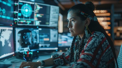 A focused woman immersed in the world of technology and broadcasting, surrounded by screens and equipment, her face reflecting determination and professionalism as she creates and shares content with