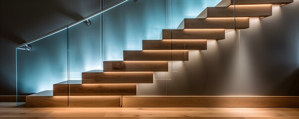 Modern wooden staircase with glass balustrades and hidden LED lighting. Concept Staircase Design, Modern Decor, Glass Balustrades, LED Lighting, Wooden Staircase