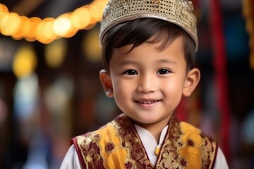 Asian little boy wearing thai costume with blurred bokeh background