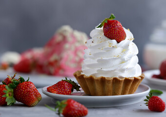 mini cake with meringue of shortbread dough for dessert