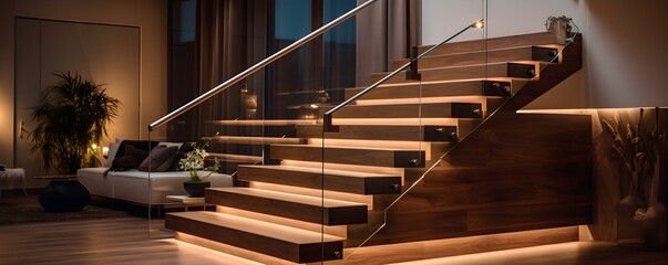 Contemporary Wooden Staircase with Glass Balustrades and Concealed LED Lighting. Concept...
