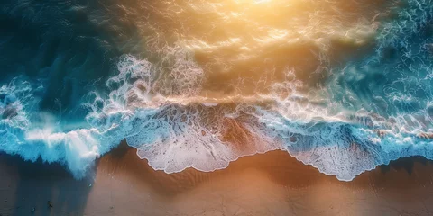 Poster Im Rahmen Aerial Sunset View of Waves Crashing on Beach. Top view of ocean waves meeting the sandy beach during a dramatic sunset. © AI Visual Vault