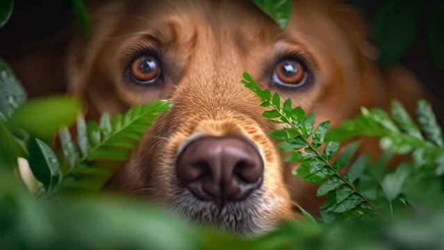 Close Up of Dogs Face Surrounded by Leaves