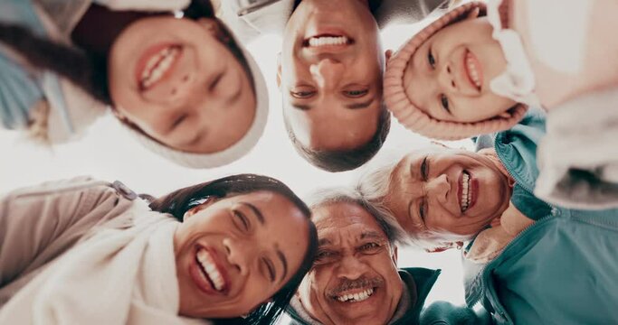 Happy, love and face of family in circle laughing at comic, comedy or funny joke together. Smile, bonding and portrait of girl kids with parents and grandparents on vacation or holiday from low angle
