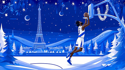 simple line art minimalist collage illustration with professional basketball player with a ball, scores the ball into a basketball basket and Eiffel Tower in the background, olympic games, wide lens