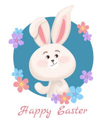 Cute greeting card white bunny with spring simple flowers and Happy Easter inscription. Vector editable drawing