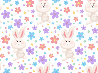Seamless spring pattern of cute white rabbit surrounded by flowers and colorful caramel. Editable vector background for Easter design, children, packaging, paper, textile, cards