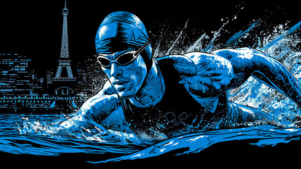 imple line art minimalist collage illustration with professional athlete performing speed swimming in the pool and Eiffel Tower in the background, olympic games, wide lens