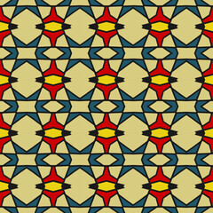 Seamless pattern in blue, red and beige color. Imitation of a stained-glass window. Vector illustration