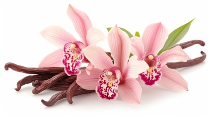 Vanilla pods and orchid flower on white background, aromatic ingredient for cooking and perfumes