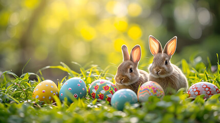 Easter egg hunt with bunnies and decorated eggs
