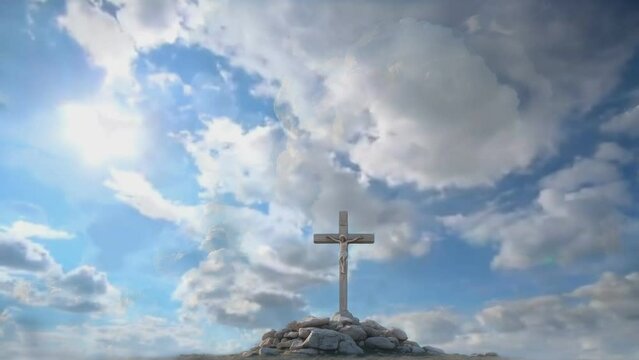 Crucifixion of Jesus Christ - Cross with clouds and sunlight. 4k looping animation