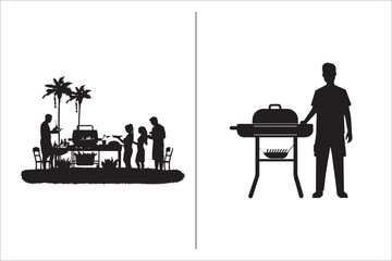 Barbecue grill Silhouette vector icon design and Grill bbq vector icon set illustration. BBQ silhouette vector on White background.