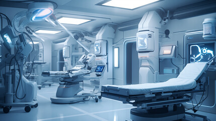 A state-of-the-art operating room equipped with advanced robotic surgical tools, monitors displaying vital data, and a well-lit environment ensuring precision and safety.
