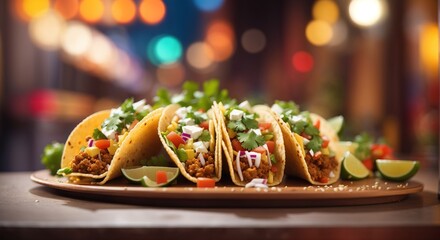 Tacos, street fast food, mexican cuisine popular dish - obrazy, fototapety, plakaty