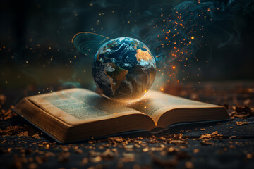 The illustration captures the awe-inspiring concept of Earth suspended in mid-air above an open book, symbolizing the profound connection between knowledge and the world we inhabit.
