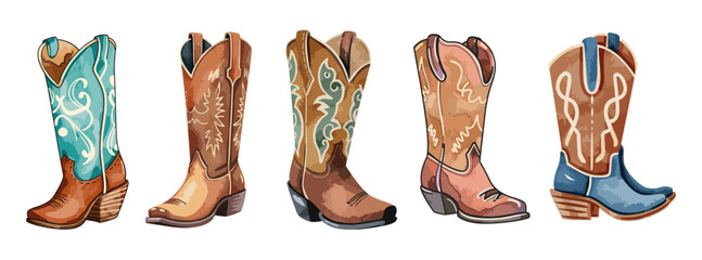 Set of western cowboy boots. Stylish decorative pairs of cowgirl boots embroidered with traditional american symbols. Watercolor hand drawn vector illustrations isolated on transparent background.	