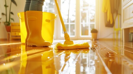 A diligent individual diligently mops the yellow kitchen floor, ensuring utmost cleanliness while holding a cup in hand - obrazy, fototapety, plakaty