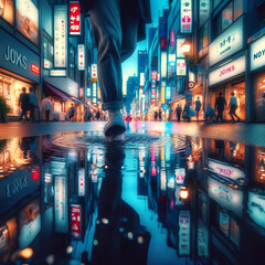 Person walking through Tokyo's neon-lit street reflecting in puddle.