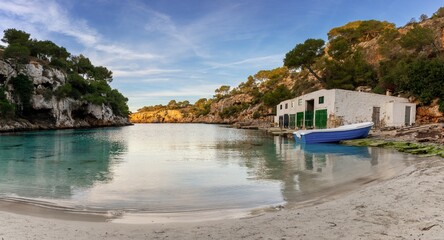 idyllic cove and beach at Cala Pi with the boathouse in warm morning light