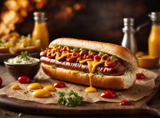 Hot Dog With Yellow Mustard, Onion, Pickles and French Fries - obrazy, fototapety, plakaty