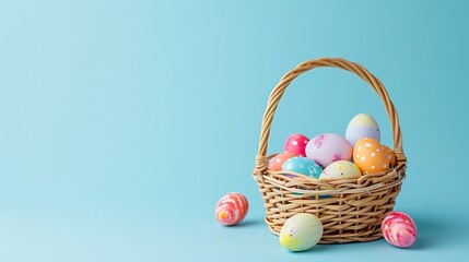 Easter wicker basket with pastel colorful eggs for festive holiday on blue background