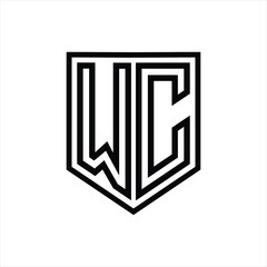 WC Letter Logo monogram shield geometric line inside shield isolated style design