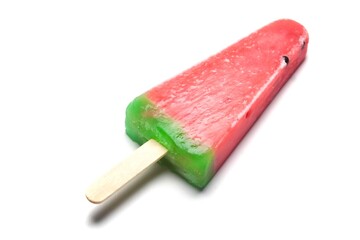 a watermelon shaped ice cream stick, isolated on a white background