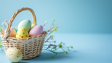 Easter wicker basket with pastel colorful eggs for festive holiday on blue background