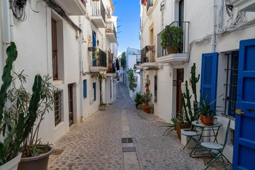 Fototapeta na wymiar picturesque city street in the Dalt Vila historic old town of Eivissa on Ibiza