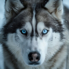 Intense Gaze of Siberian Husky: Close-Up Portrait with Piercing Blue Eyes, Snowflakes on Fur, Canine Winter Majesty, High-Resolution Image