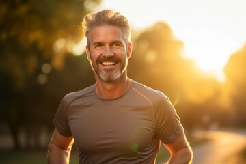 Portrait of a handsome middle-aged man in sportswear smiling at the camera while standing in the park. - obrazy, fototapety, plakaty