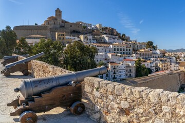 old town Ibiza with the castle and cathedral and the Santa Lucia battlements with cannons in the...