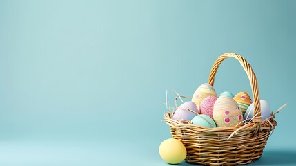 Easter wicker basket with pastel colorful eggs for festive holiday on blue background