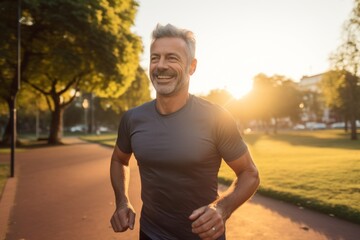 Portrait of happy mature man running in city park at sunset.