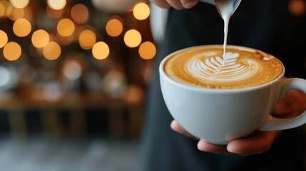 Close up of barista making coffee latte in coffee shop cafe with blurred background - obrazy, fototapety, plakaty