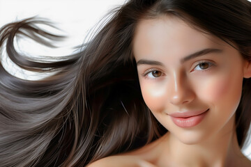 Naklejka premium A close-up portrait of women with a radiant smiling, black hair and windswept hair, showcasing her natural beauty makeup and glamorous.