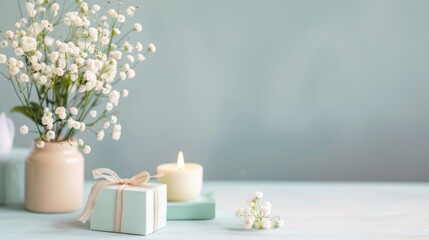 A serene and elegant still life composition featuring a delicate vase of white flowers, a small gift box with a ribbon, and a lit candle on a soft blue background.