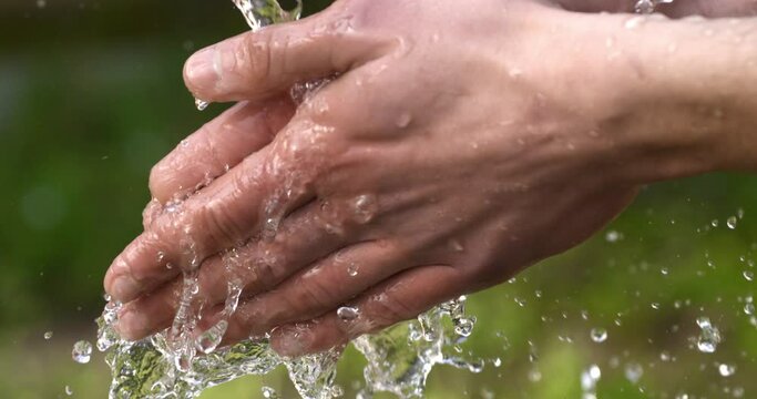 Super slow motion macro of young man is washing hands with clear pure water flowing stream and splashing drops on green nature background at 1000 fps. Personal care and hygiene natural products.