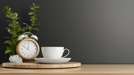 Vintage alarm clock and coffee cup on dark background with ample copy space for text placement
