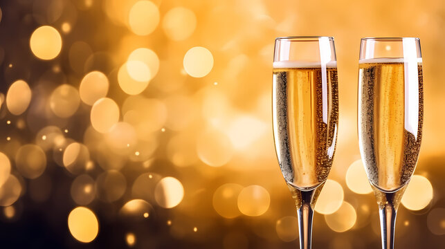 Champagne Glass Close-up, Bokeh Light Background