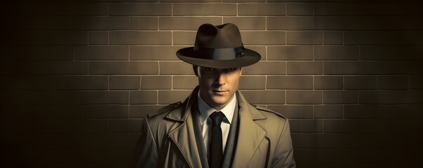 Retro detective in fedora and eye mask in an office setting. Concept Detective Apparel, Retro Aesthetic, Fedora Style, Eye Mask Props, Office Setting - obrazy, fototapety, plakaty