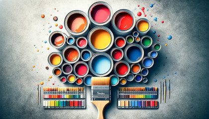 Spectrum of Possibilities with Open Paint Cans and Colorful Splashes