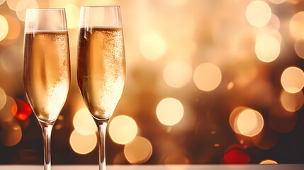 Champagne glass close-up, bokeh light background