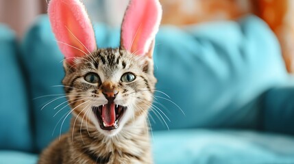 Funny cat with bunny ears and opened mouth on the background